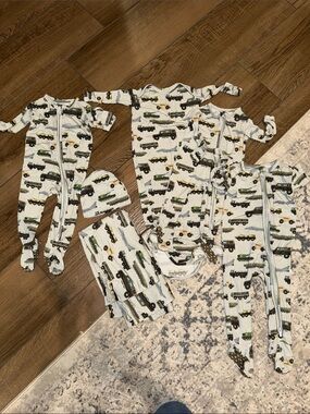 HUGE “CASH” print military Posh Peanut set swaddles gown hat and footie pajamas